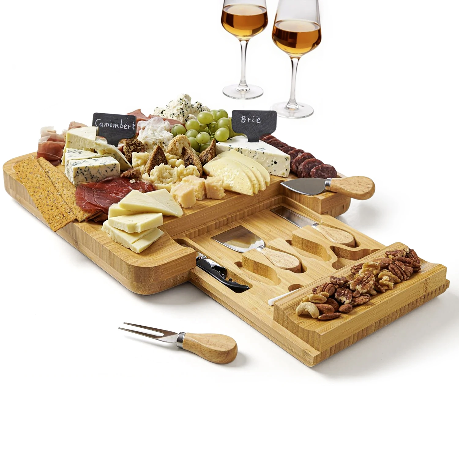 Bamboo Cheese Board with Drawer Tray Knife Set - Cutting Serving Set ...