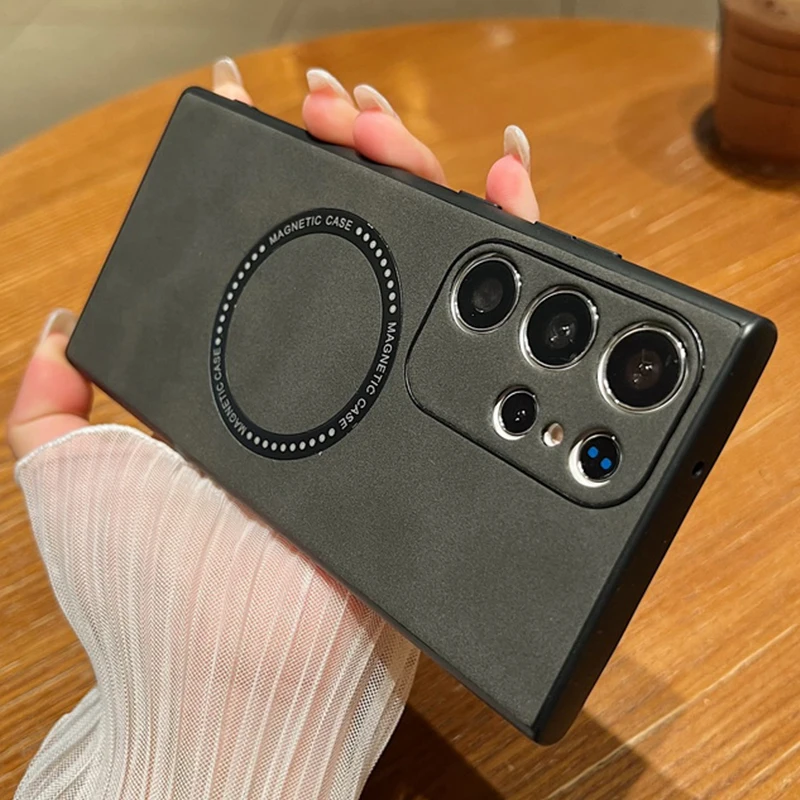 

Luxury Leather Magnetic Circle Phone Case For Samsung Galaxy S23 Ultra S22 Plus For Magsafe Magnetic Wireless Charge Soft Cover