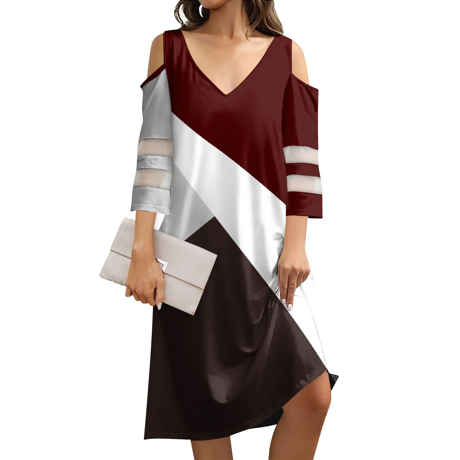 

Women's Summer V-neck Vintage Solid Color Printed Splicing Strapless Seven Sleeve Casual Dresses vestidos baratos con envíos gra