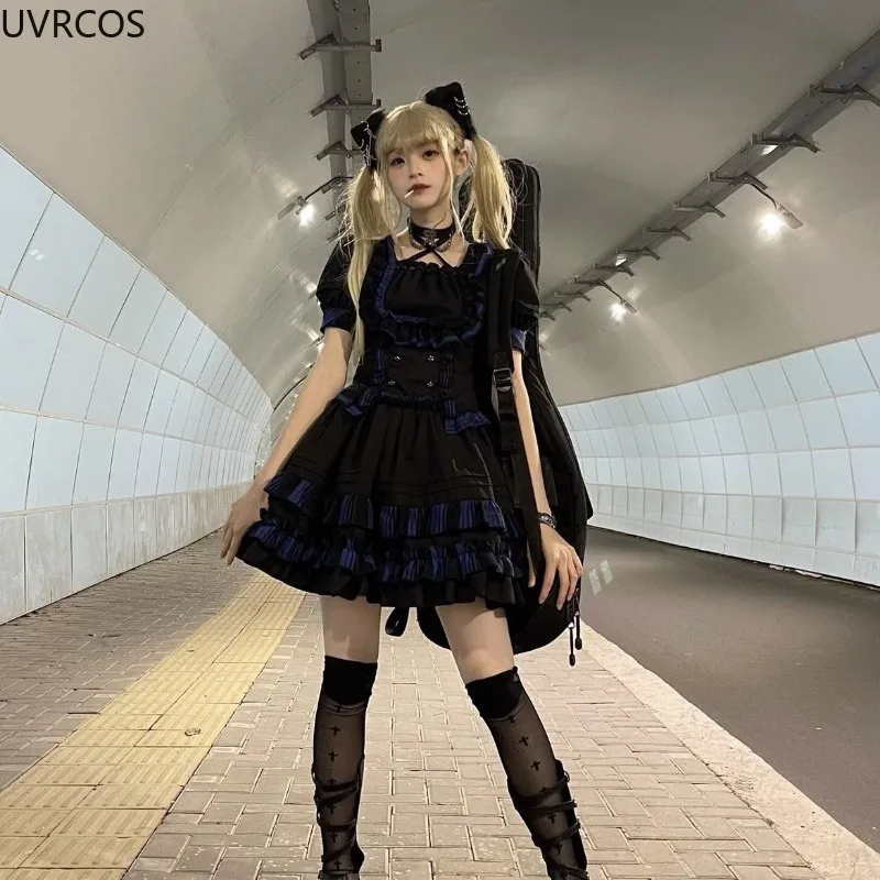 Harajuku Gothic Plaid Lolita Dress Set Women Victorian Lace Crop Tops Ruffles Mini Cake Skirt Kawaii Y2k Cosplay Hot Girls Suit