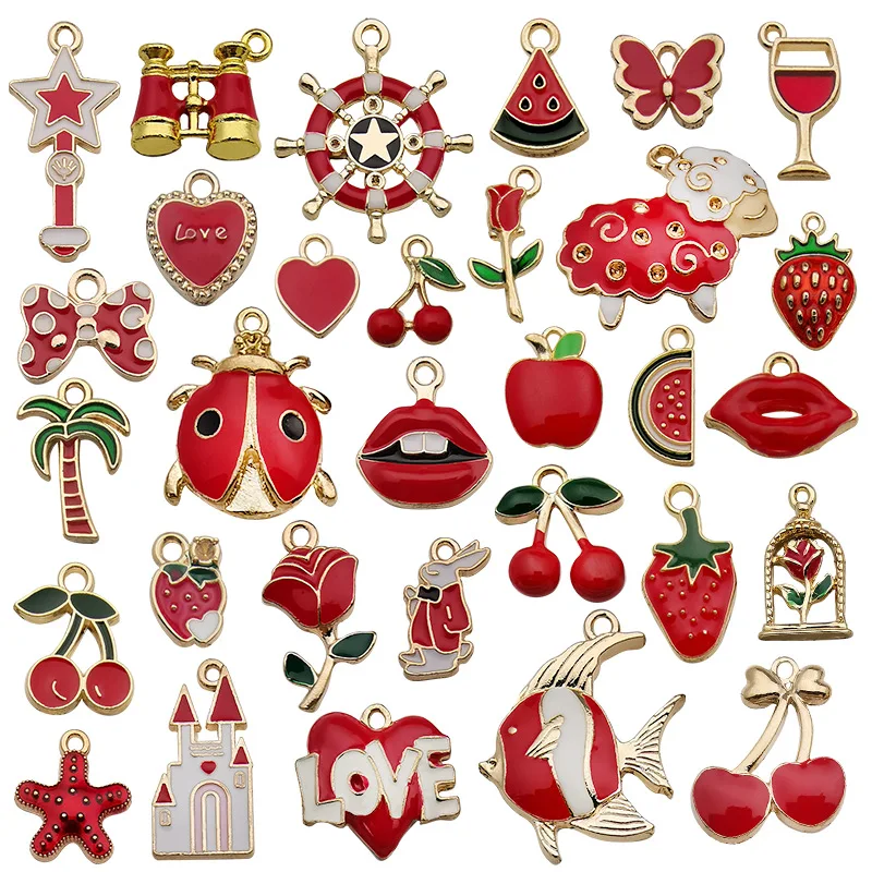 31Pcs Alloy Enamel Charms Mixed Styles Flowers Fruit Animals Pendants for Keychain Jewelry Making Accessories DIY Findings