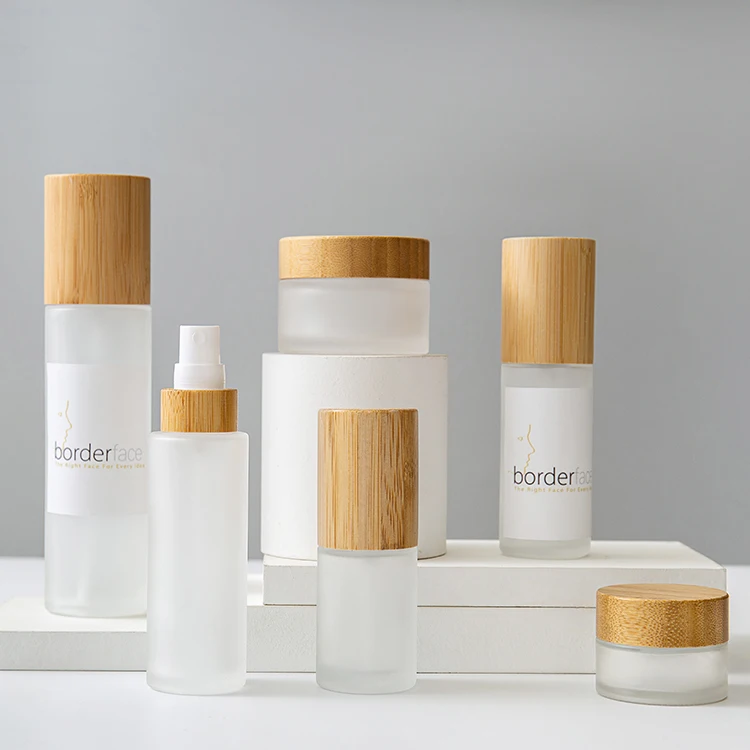 Luxury Cosmetics Packaging Glass Bottle Sets Bamboo Lid Cream Jar