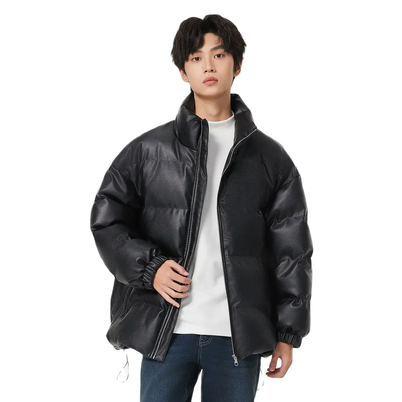 Metersbonwe Black PU Cotton Coat Men Standing Collar Artificial Leather Loose Coat Winter New 23 Thick Warm Cotton Jacket Brand
