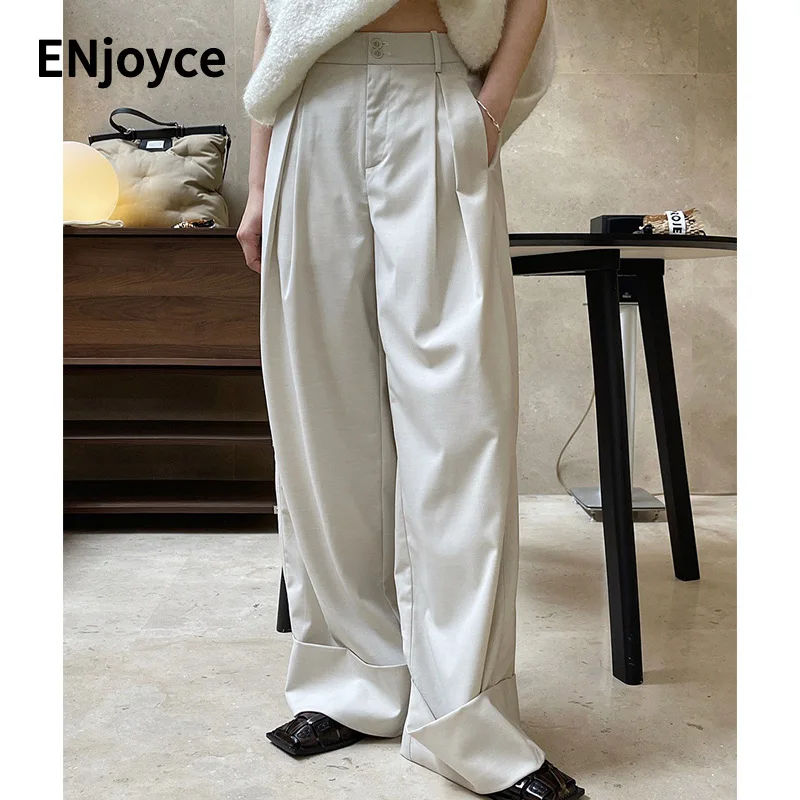 

Spring Fall Big Flanging Design Straight High Waist Pants Women Casual Loose Wide Leg Trousers Work Wear Fashion Mopping Pants