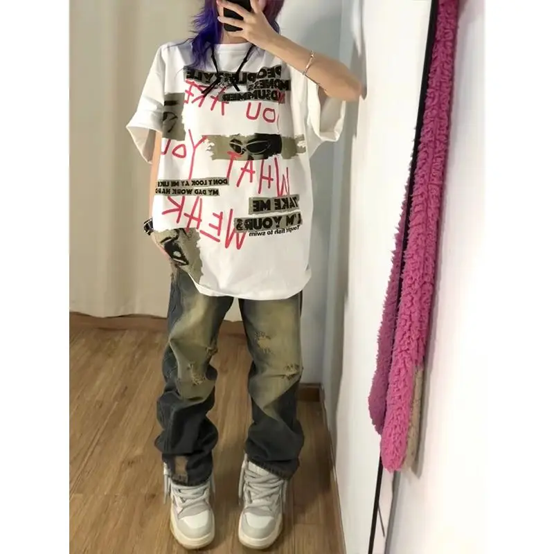 Pure Cotton American Short Sleeved Street Graffiti Letter Printing Summer Hip-Hop Print Retro Top Couple New Style T-Shirt