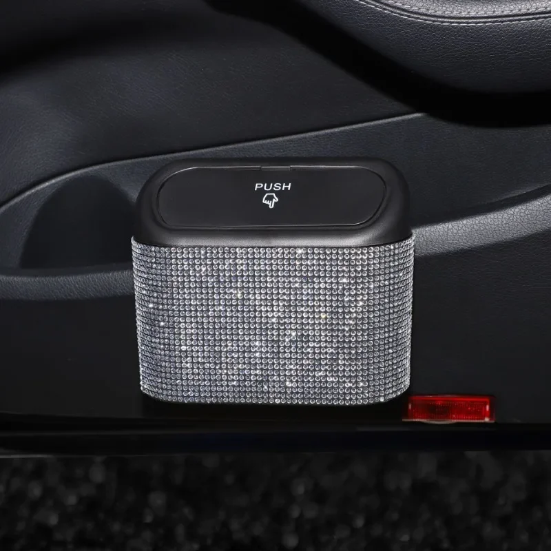 Diamond Crystal Car Trash Bin Hanging Vehicle Garbage Dust Case Storage Box Pressing Type Trash Can Auto Bling Accessories