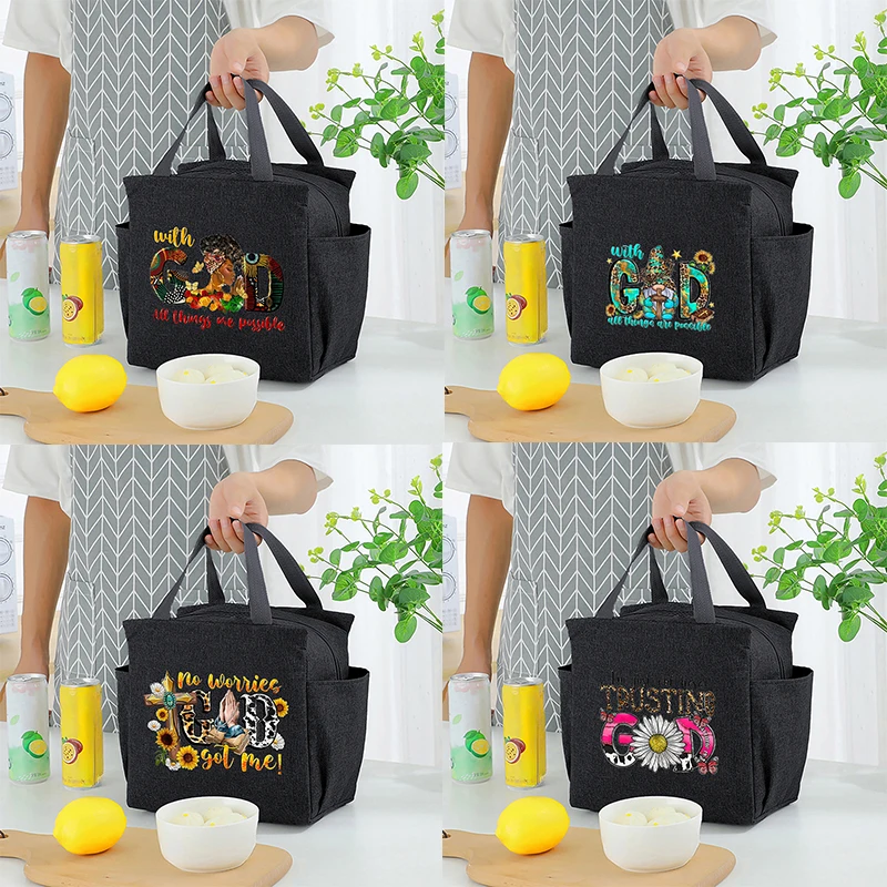GOD Letter Printed Insulated Lunch Bag with Built-in Waterproof Refrigerated Ice Bag and Large Capacity Commuting Storage Bag