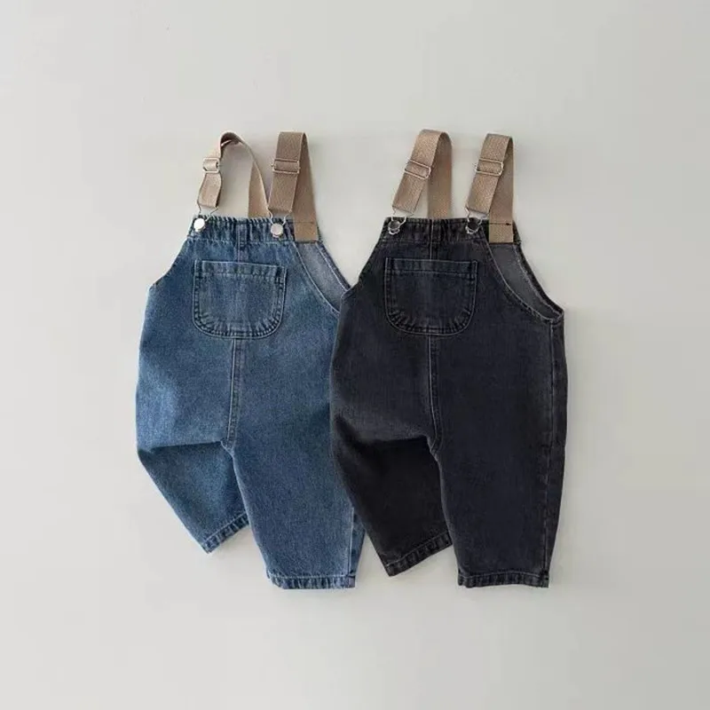 2024 Primavera Ragazzo Bambino Tasca Tuta Allentata Bretelle Infantili Tuta Retrò Bambino Jeans Bambini Pantaloni Casual Ragazza Pantaloni Di Cotone