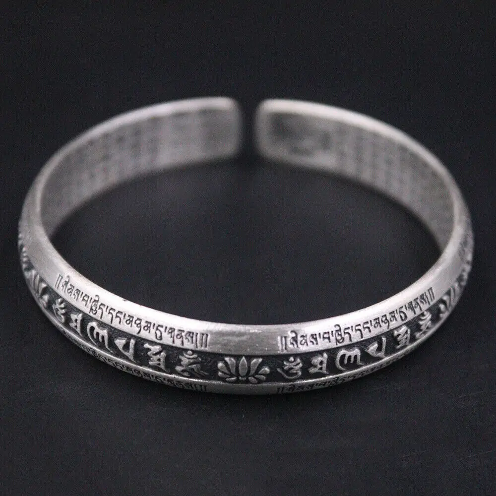 

Solid 999 Fine Silver Six-word And Buddhist Heart Sutra Cuff Bangle Dia.2.36inch