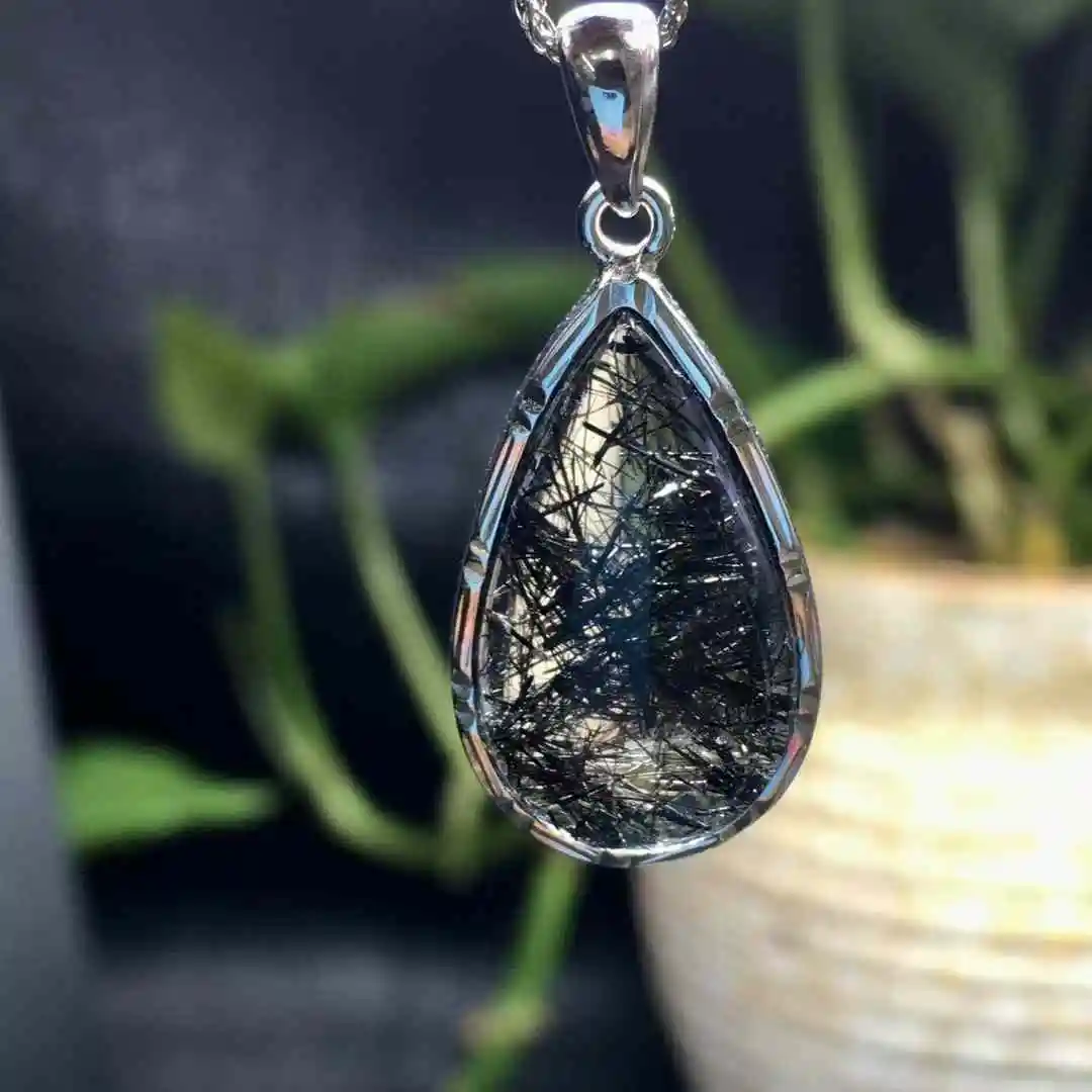 Unit One Piece 925 Silver With Natural Black Rutilated Hair Quartz Gemstone Crystal Teardrops Pendant For Gift 2