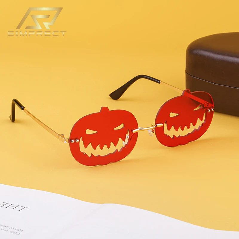 

SIMPRECT Fashion Rimless Sunglasses Women 2023 Luxury Brand Quality UV Protection Halloween Pumpkin Party Funny Sun Glasses