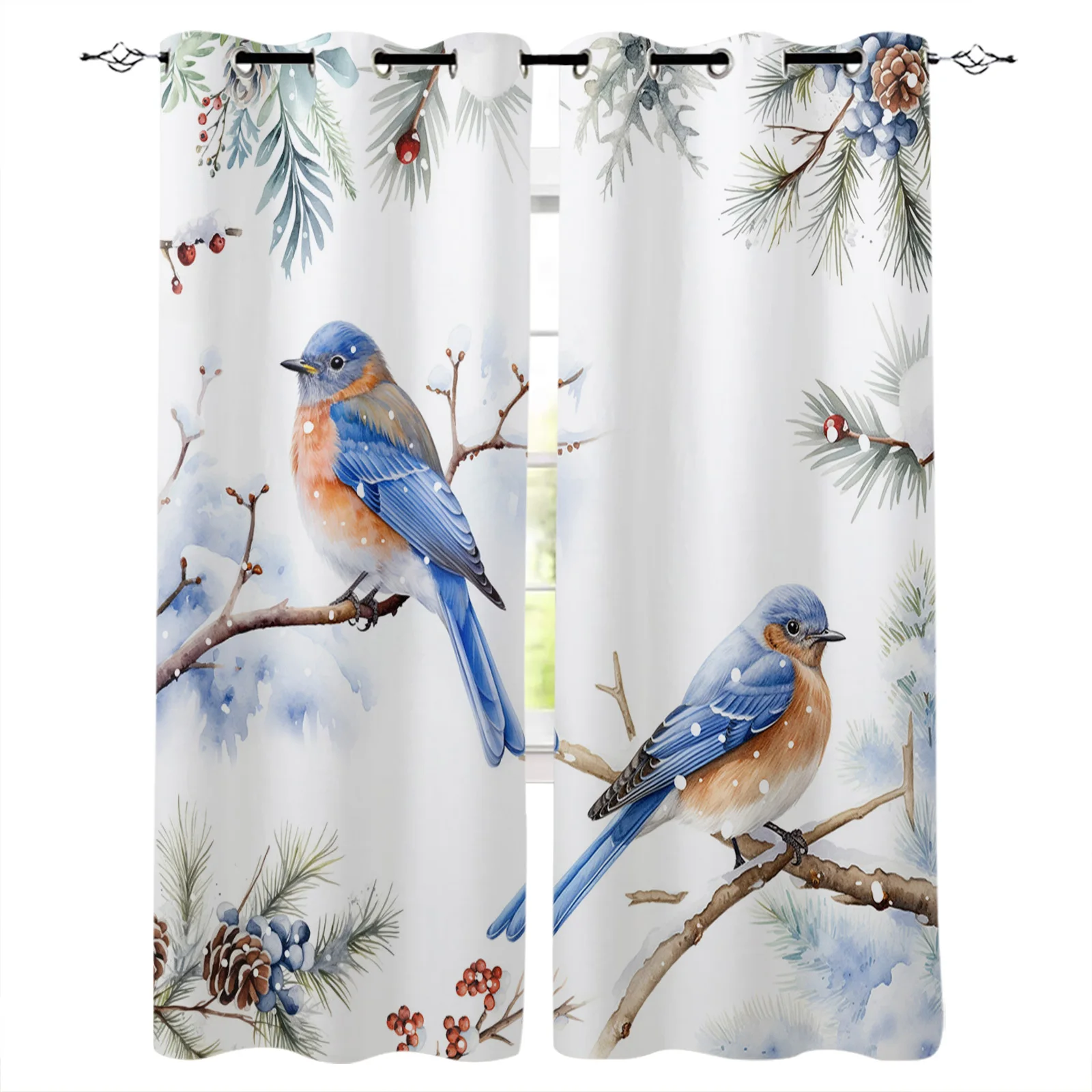 

Christmas Winter Mockingbird Blue Modern Hall Curtains for Living Room Girl Boy Bedroom Kitchen Long Window Curtain Cortinas