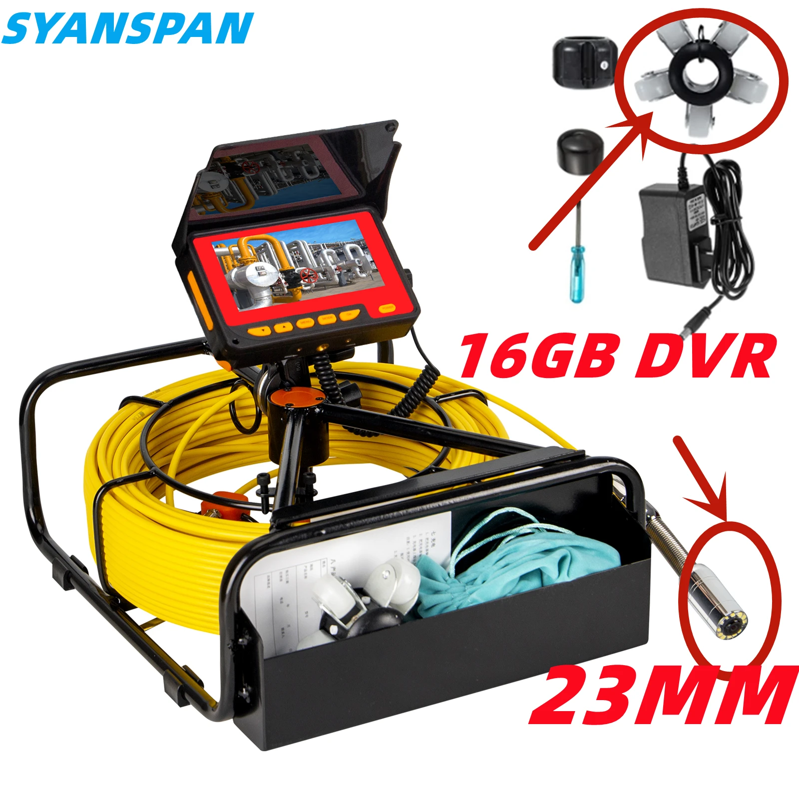23MM Camera Pipe Inspection Camera with DVR 16GB FT Card,SYANSPAN Sewer Drain Industrial Endoscope 8500MHA Battery 10/20/30/50M 4 3inch pipeline drain video inspection camera system for piprline drain cleaner 8500ma battery with 6 led night vision