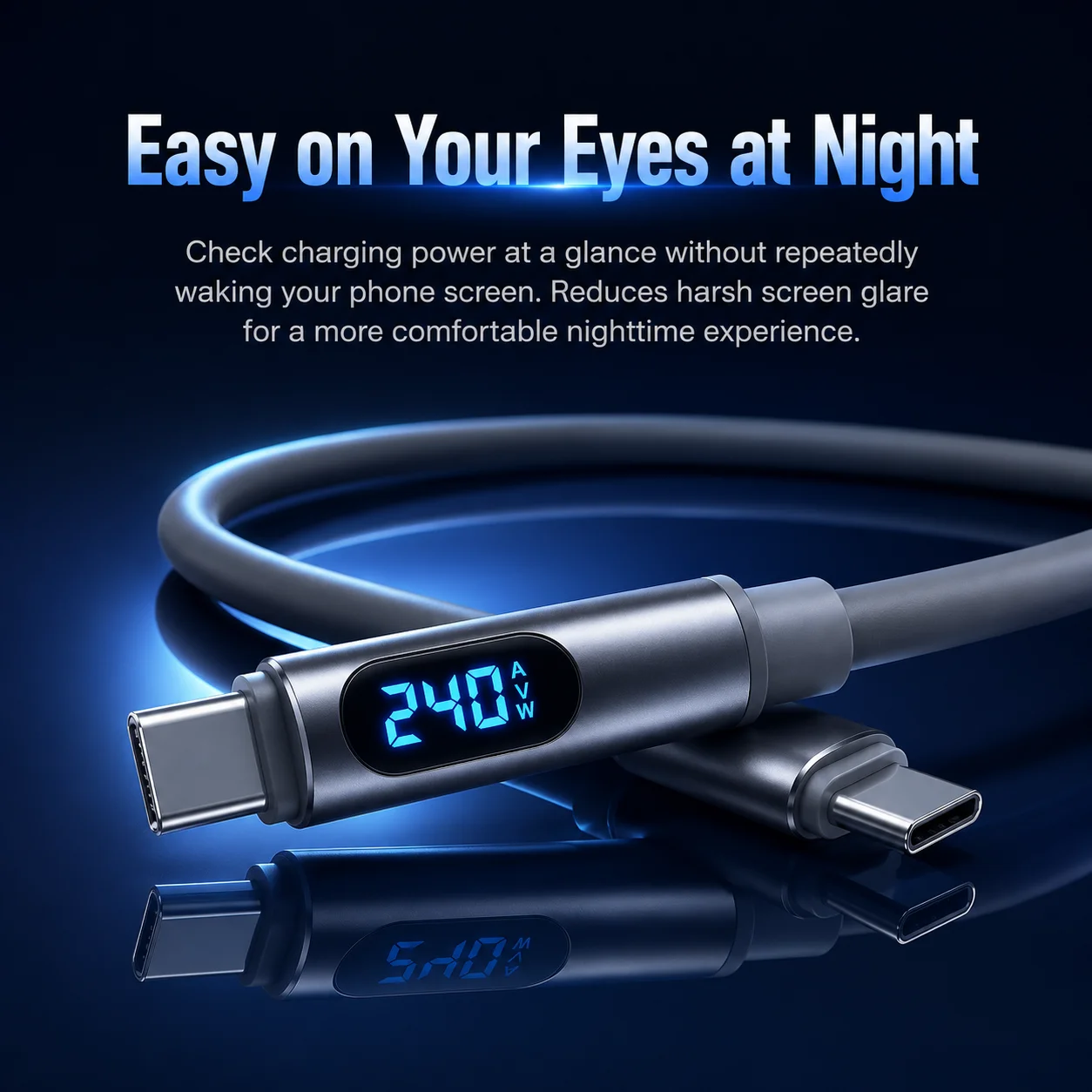 High-Speed 240W USB-C Fast Charging Cable with Digital Display - Soft Silicone Type-C Charger Cord