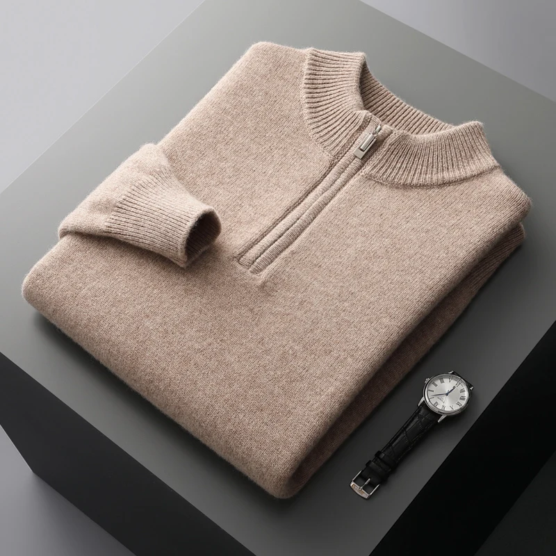 Winter new cashmere sweater men's knitted plus size high-end coat 100% wool half-height collar thick pullover youth Joker warm 2