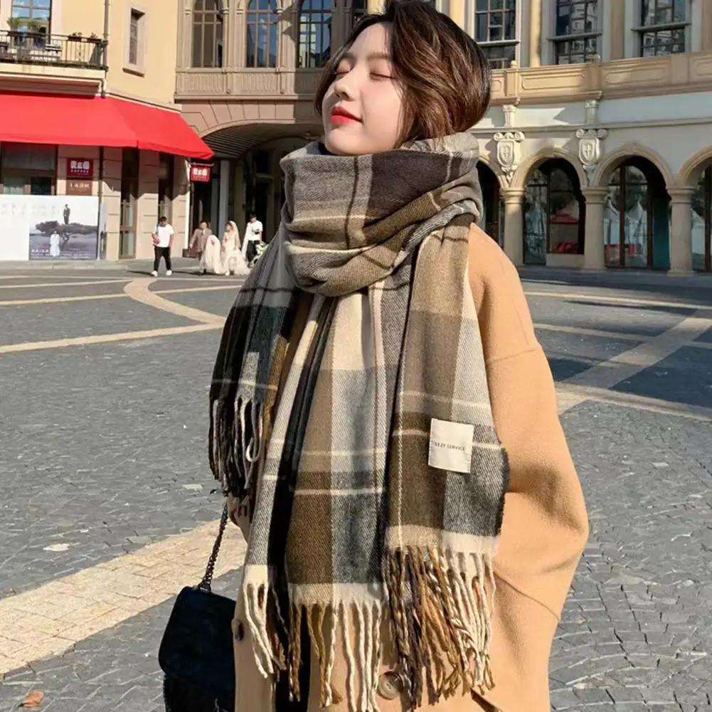 Tassel Decorated Scarf Winter Scarf with Tassel Stylish Plaid Print Warm Windproof Lady Neck Wrap Shawl for Weather Colored