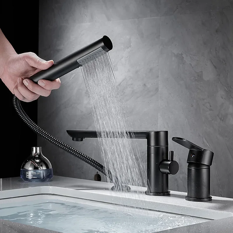3-Hole Bathtub Faucet in Gold/Black/Chrome Widespread Basin Mixer with Hand Shower Head Hot & Cold Control Bathroom Faucet 3