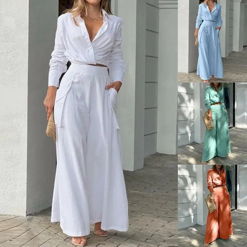 

Elegant Pants Sets Women Fashion Long Sleeve Cropped Blouses+pocket Wide-leg Trousers Suit Casual Loose Two Piece Sets Female
