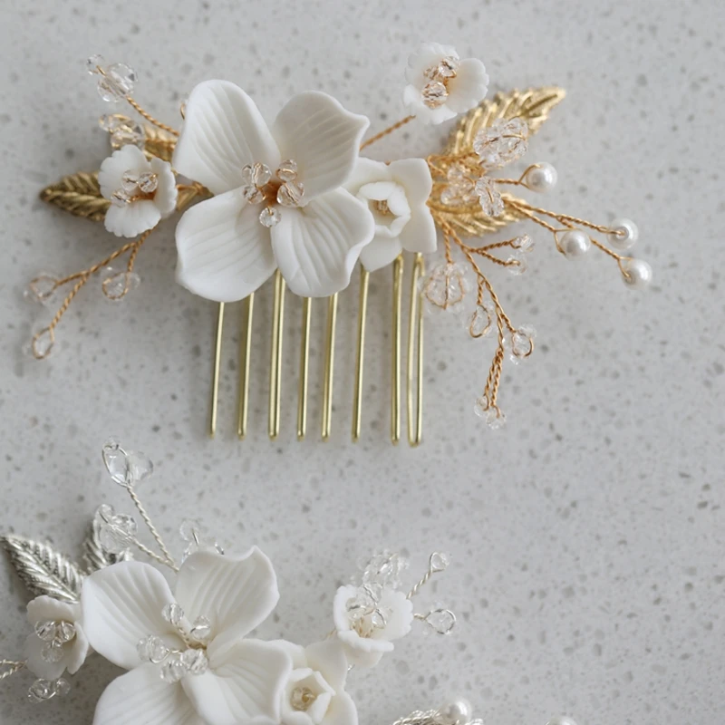 Delicate Wedding Small Comb Bridal Hair Pin Ceramic Floral Girls Headpiece Gold Silver Color Women Accessories