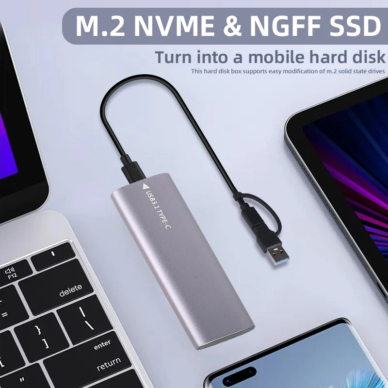M2 NVMe SSD 케이스 10Gbps HDD 박스 M.2 NVME NGFF-USB 3.1 외부 SSD 인클로저 타입-A-타입-C 케이블 (2230/2242/2260/2280 호환)
