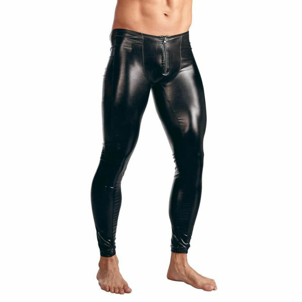 

Mens Erotic Temptation Trousers Sexy U Convex Pouch Zip Open Trousers Tight Leggings Club Slim Stretch Wet Look PU Leather Pants