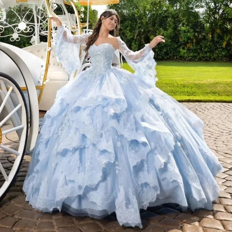 

Light Blue Sweetheart Appliques Lace Ruffles Ball Gown Off the Shoulder Quinceanera Dresses Beading Tull Corset Vestidos De 15