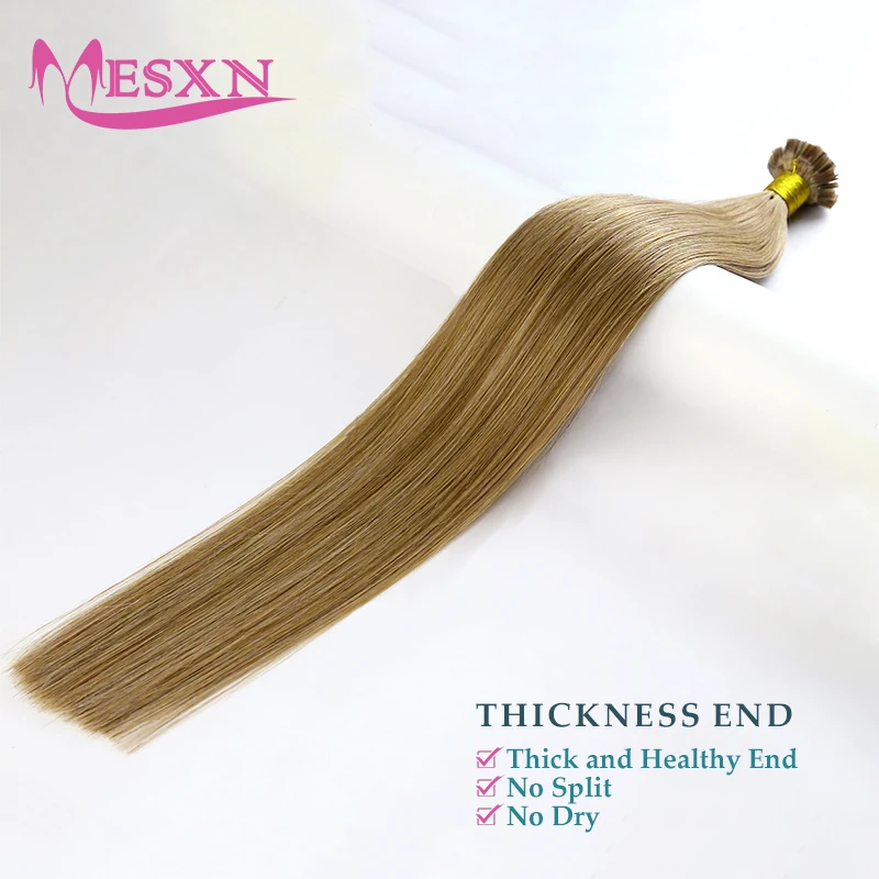 MESXN 스트레이트 플랫 팁 헤어 익스텐션, 자연스러운 실제 인모 익스텐션, 다크 브라운 금발 색상, 16-24 인치/가닥 1g