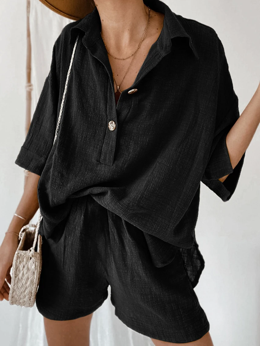 Marthaqiqi Casual Cotton Ladies Sleepwear Suit Three Quarter Sleeve Nightwear Turn-Down Collar Pajama Shorts Femme Nightgown Set