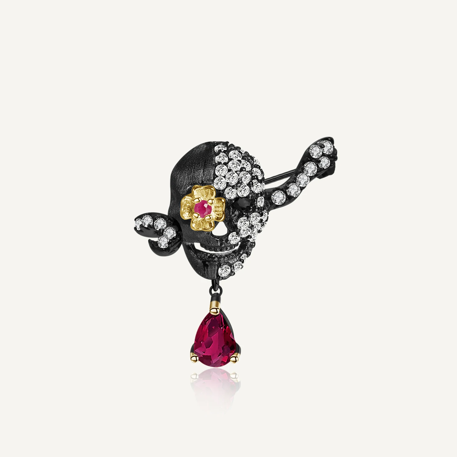 

GEM'S BALLET Glass-filled Ruby Gemstone Brooch 925 Sterling Sliver Handmade Death Skull Skeleton Brooches For Women Fine Jewelry