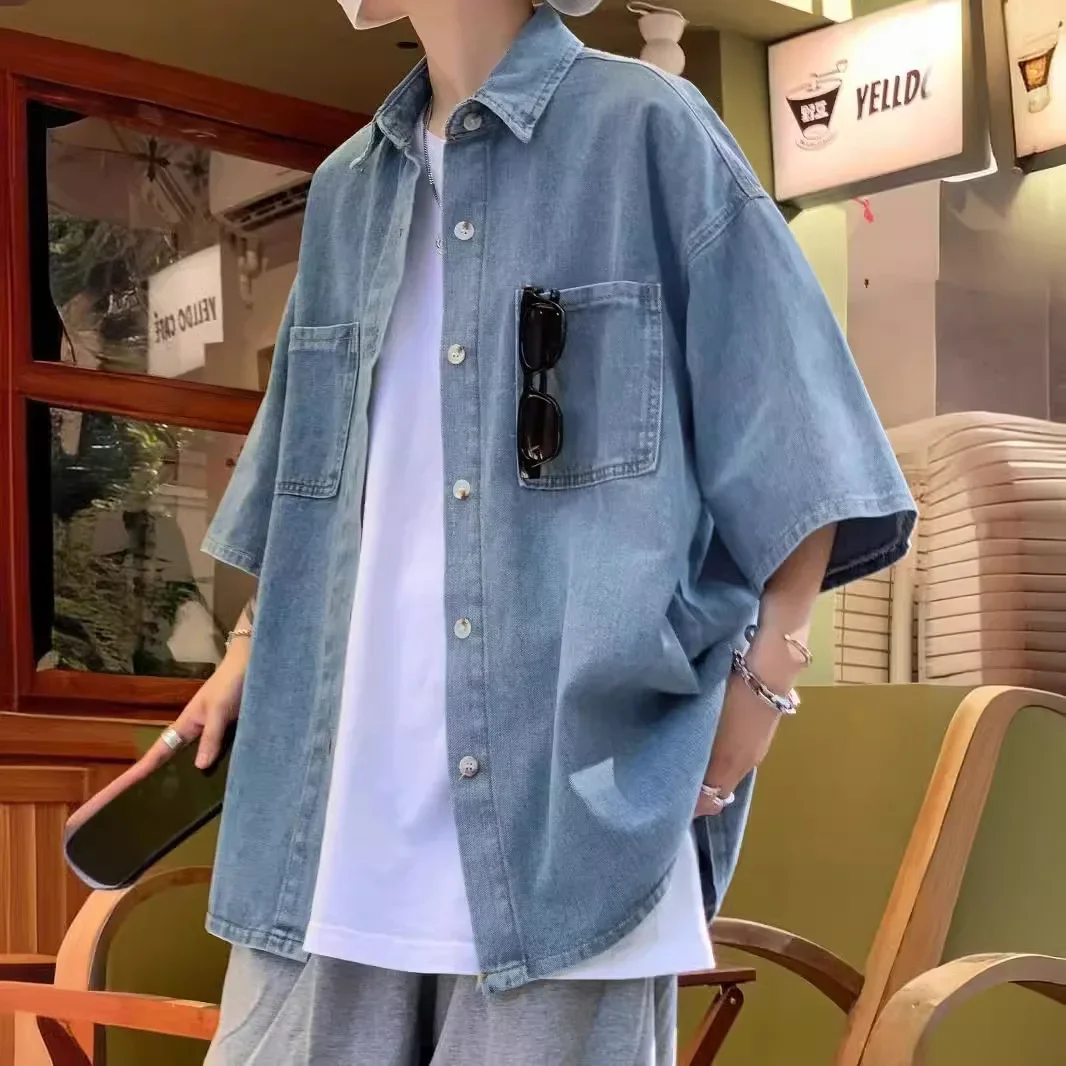 Hong Kong Style Denim Shirt For Men Short Sleeves Summer Casual Wear Trendy Brand Design Sensibility Niche Summer Jacket