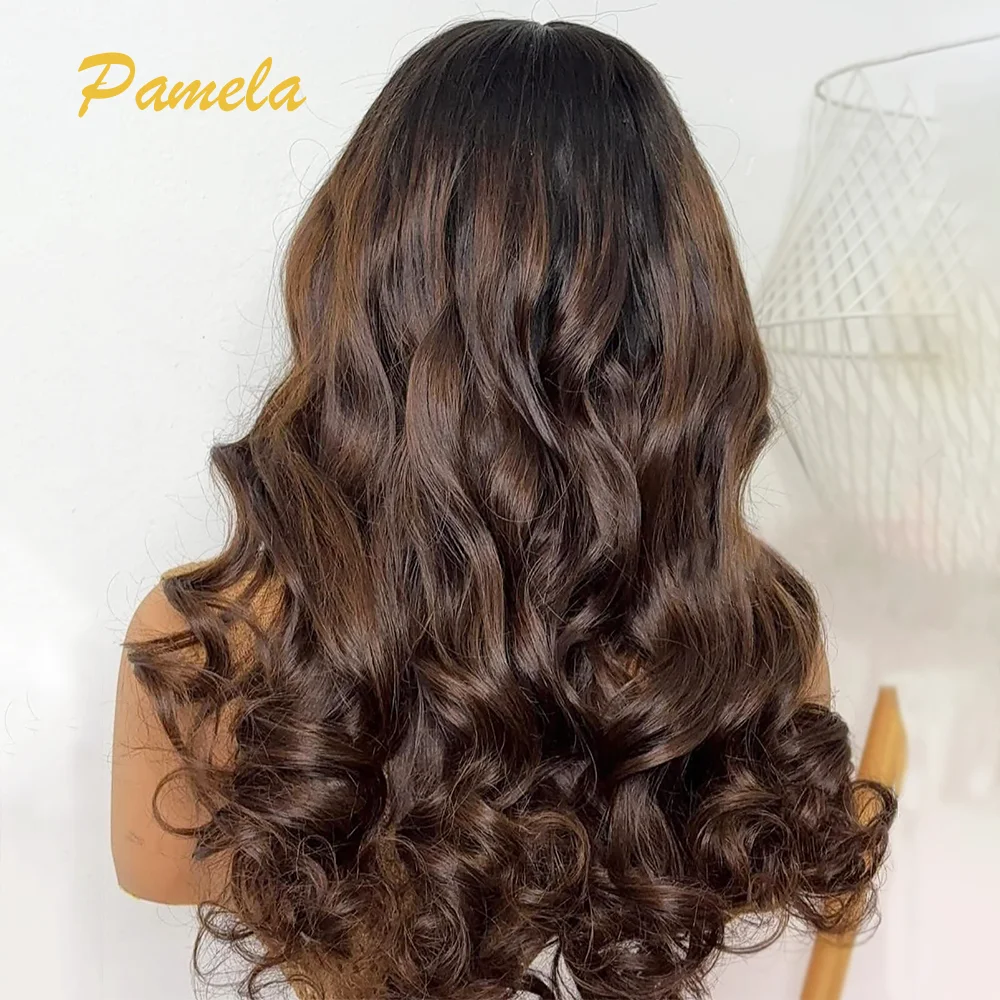 Ombre Blonde Loose Wave Lace Front Wig Ombre 1B/4 Brown Colored Human Hair Wigs 13x4 HD Transparent Lace Frontal Wigs With Bangs