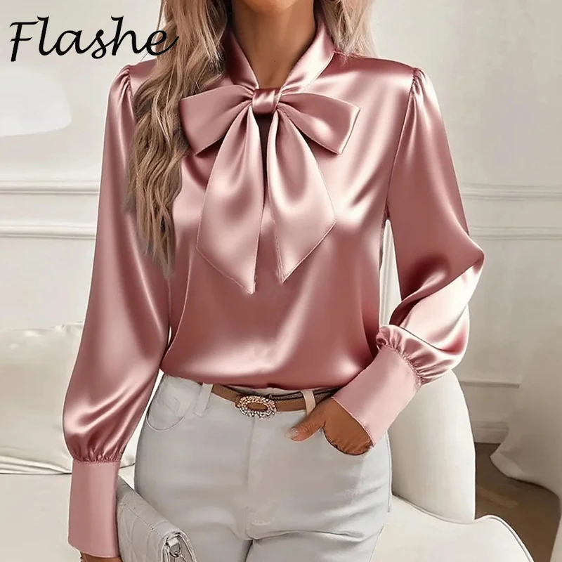 Fashion Long Sleeve Silk Shirt Women Fashion Spring Autumn New Satin Blouse Women Bow Office Tops Pullover
