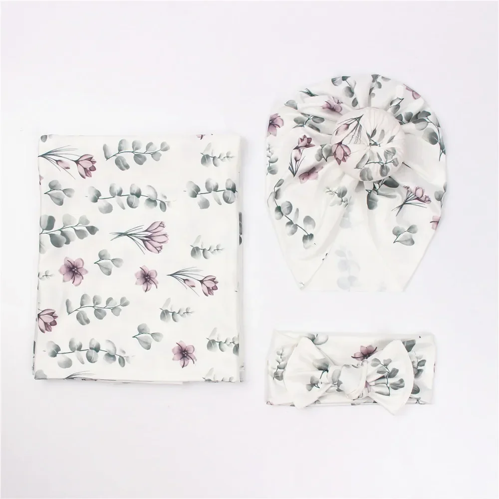 3pc/set Baby Swaddle Wrap New Born Receiving Blanket for Newborn Babies Accessories Soft Floral Headband Hat Bedding Baby Items 2