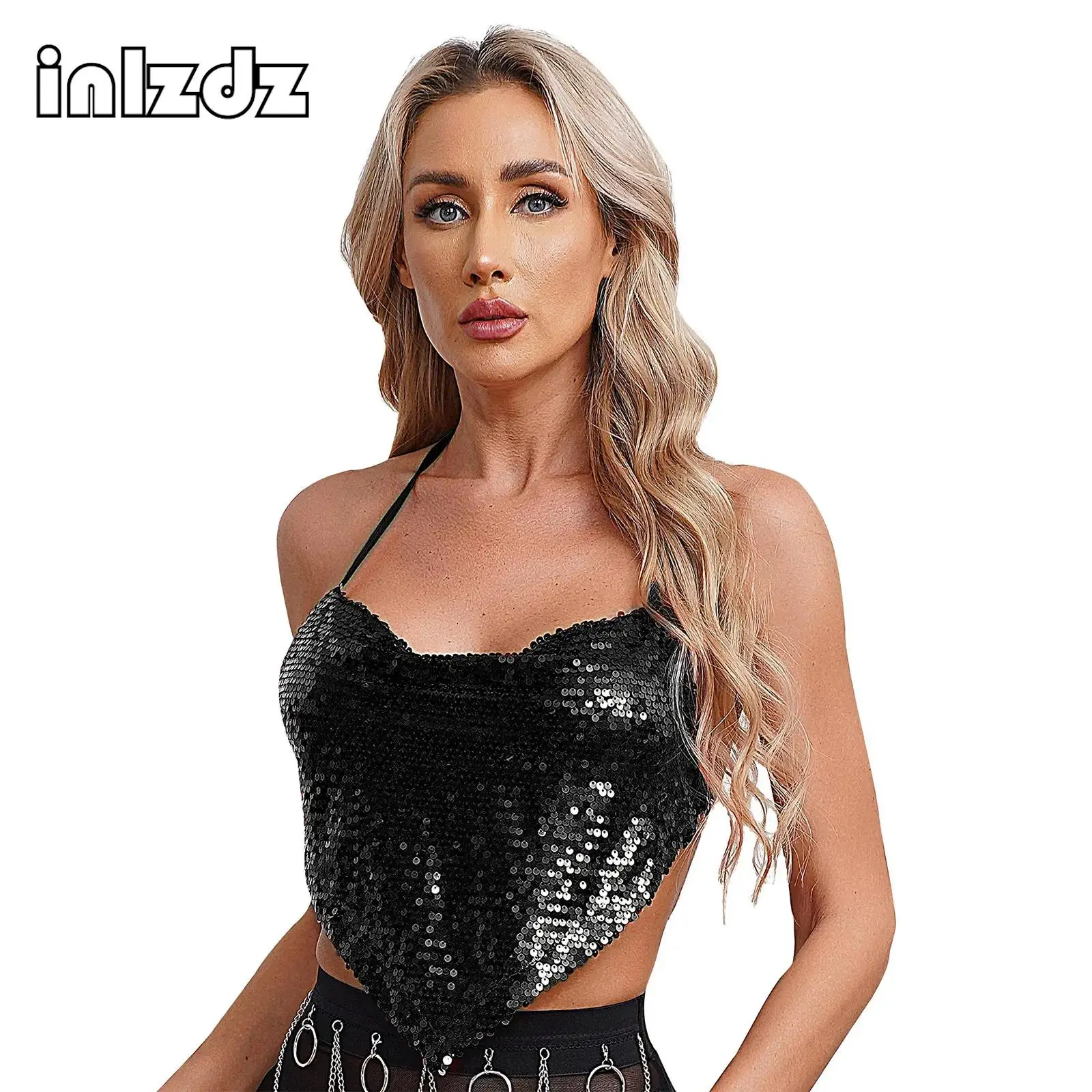 

Womens Glitter Sequin Draped Crop Top Backless Lace-Up Inverted Triangle Camisole Wrapped Chest Top for Club Party