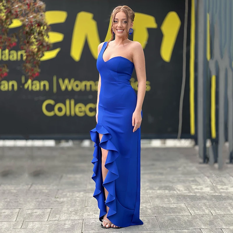 

Thinyfull Sexy Mermaid Prom Dresses Blue One Shoulder Side Slit Satin Evening Dress Formal Cocktail Party Prom Gown Custom Size