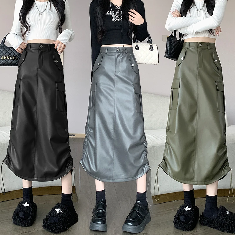 

Autumn Winter PU Leather Skirt Women Korean Fashion Safari Style Drawstring Pocket High Waist Midi Long Skirt