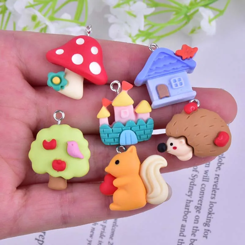 

10pcs Mushroom House Apple Tree Squirrel Castle Cute Resin Charms for Earring DIY Fashion Jewelry Accessories