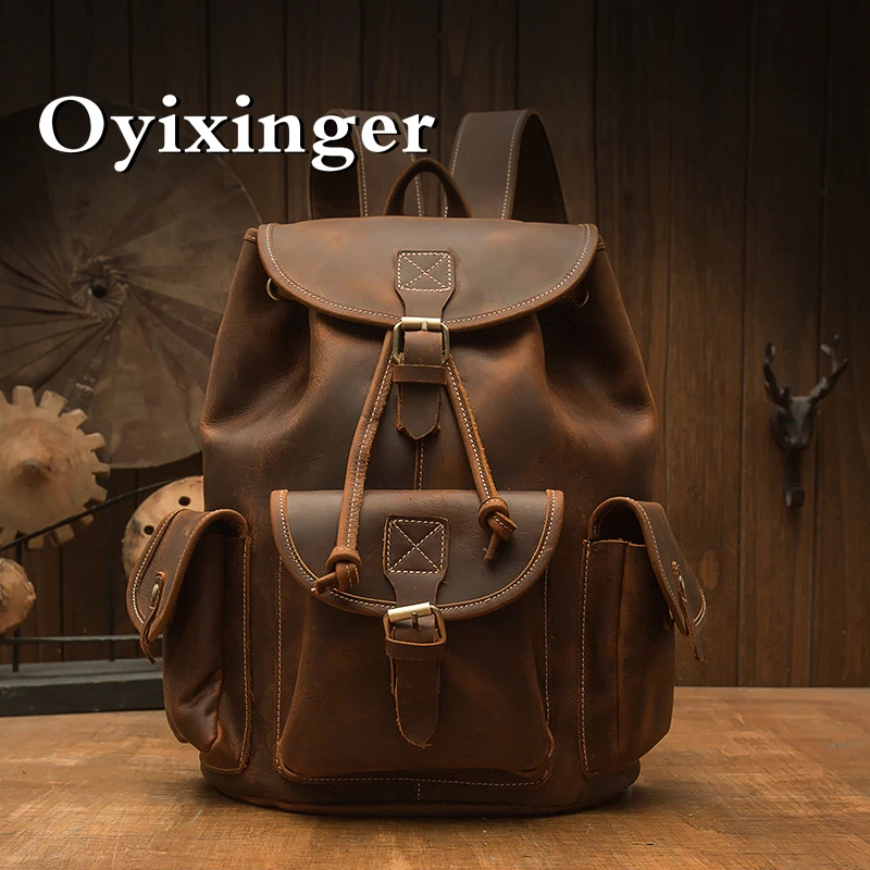 

OYIXINGER 2024 New Vintage Men's Crazy Horse Leather Backpack Fashion 15 Inch Outdoor Travel Bag Casual Large Capacity Backpack