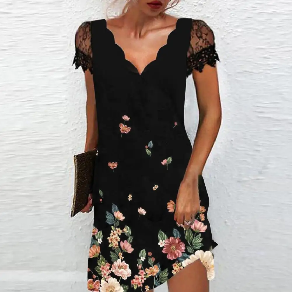 

V-neck Dress Elegant Lace Patchwork Floral Print V Neck A-line Mini Dress for Women for Summer Parties Dates Office Wear Summer