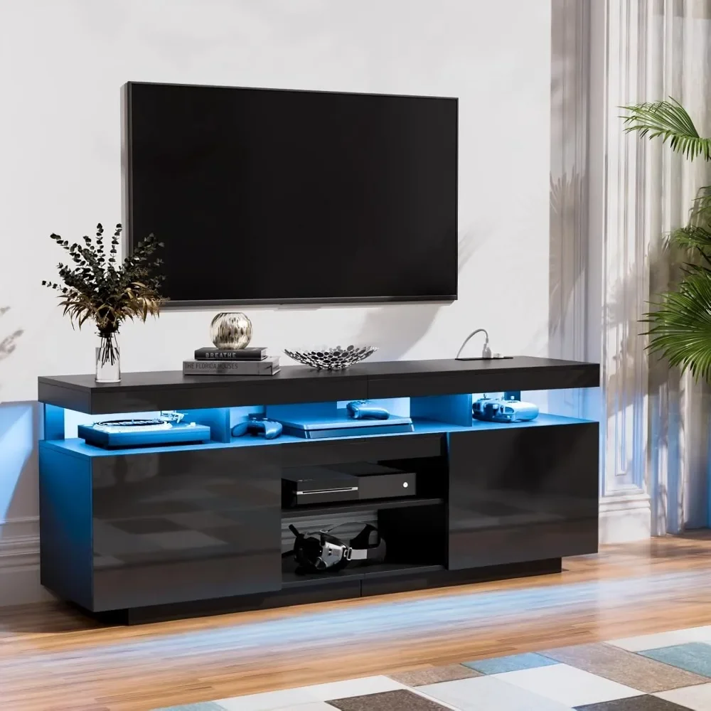 LED TV Stand for 70/65/60/55 inch TV Modern Entertainment Center with Power Outlets, Gaming TV Consoles with Storage Media Table