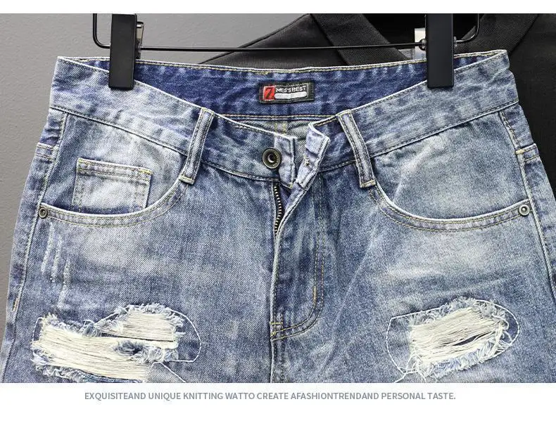 Denim Shorts 2025 Men's Summer Thin Ripped Patch Beggar Pants Cat Whisker Needle Sewing Slim Small Feet Short Jean Medium Pants