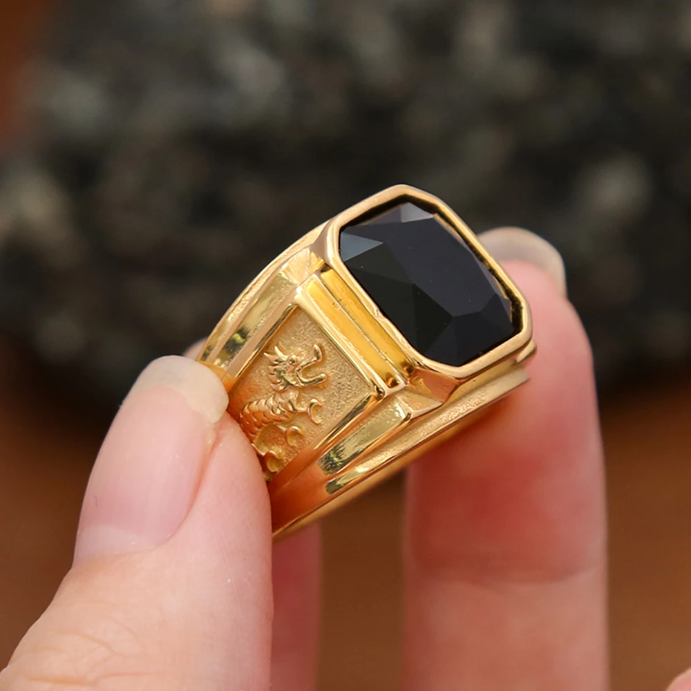 Men's Dragon Carved Ring - Stainless Steel Gold Plated Square Gemstone Biker Jewelry
