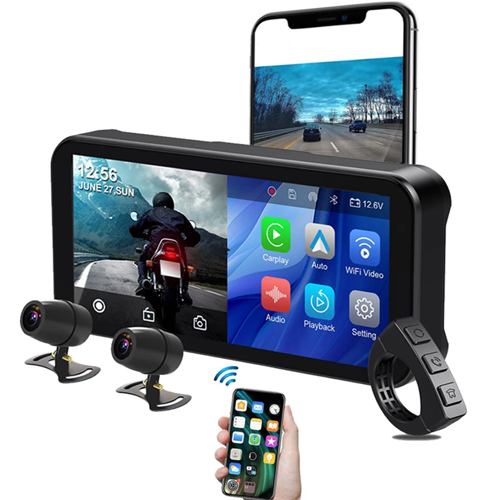 Waterproof 6.25 Inch Portable Motorcycle Recorder for Apple CarPlay Android Auto Mote Smart Display GPS Navigation Dual BT