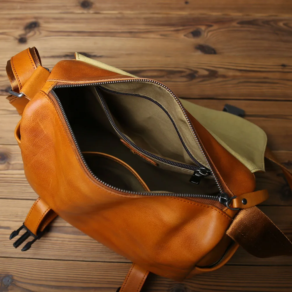 NZPJ Men's Vintage Genuine Leather Shoulder Bag Top Layer Cowhide Crossbody Bag Casual Men's Bag For 10-Inch IPad