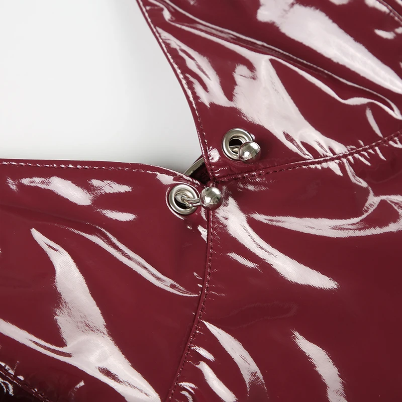 Faux Leather Red Halter Vest Club Outfits Women V-neck Metal Buckle Sexy Camis Top Backless Stylish Tanks High Street