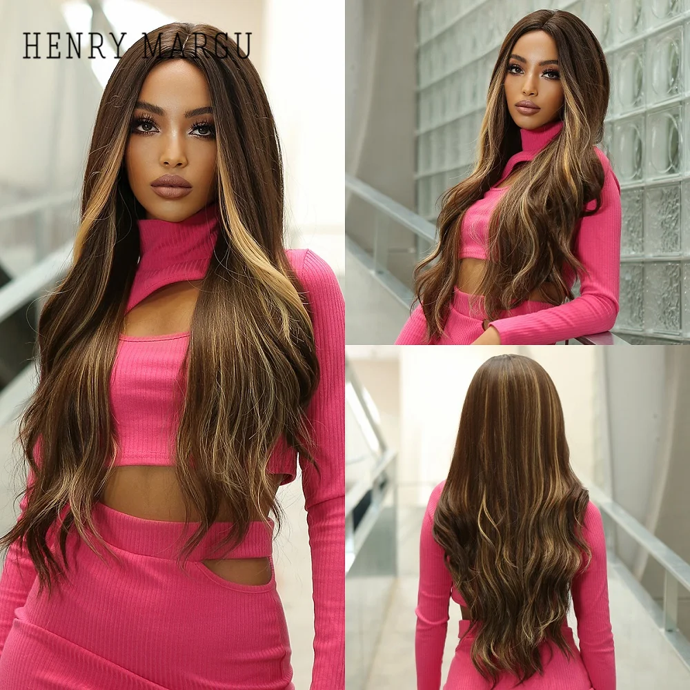 

HENRY MARGU Brown Long Blonde Highlight Synthetic Wigs Middle Part Natural Wave Wig for Women Daily Party Cosplay Heat Resistant