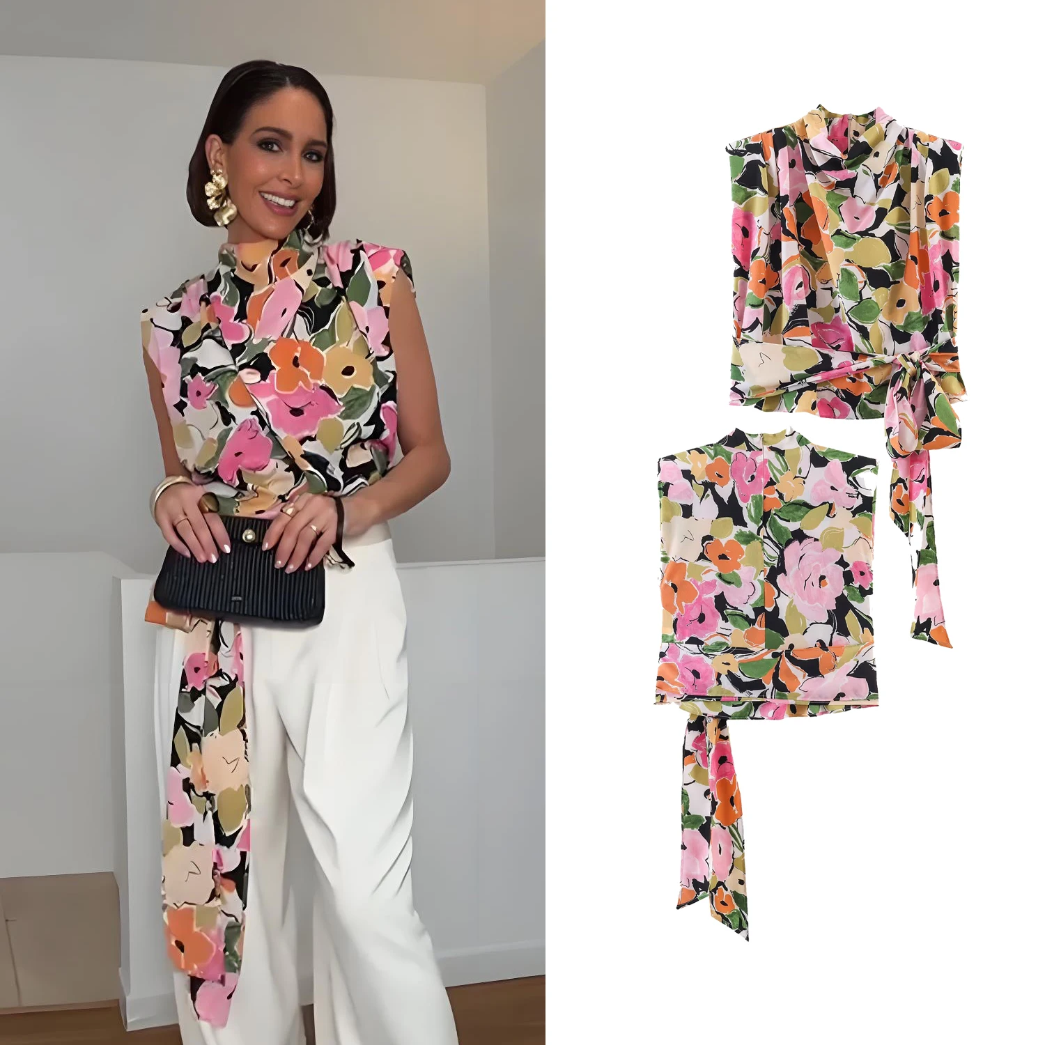 Women's Floral Print Padded Shoulder Blouse Female Chic Waist Lace-Up Sleeveless High Neck Tops Lady Elegant Slim Trendy Shirt