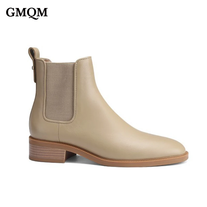 

GMQM Casual Fashion Women's Ankle Boots Split Leather New 2023 Autumn Winter Chelsea Boots Warm Plush Slip-On Elastic Band Shoes