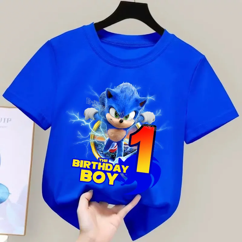 Kids Blue Sonic Birthday Cartoon T-Shirt – Short Sleeve Anime Gift Tee