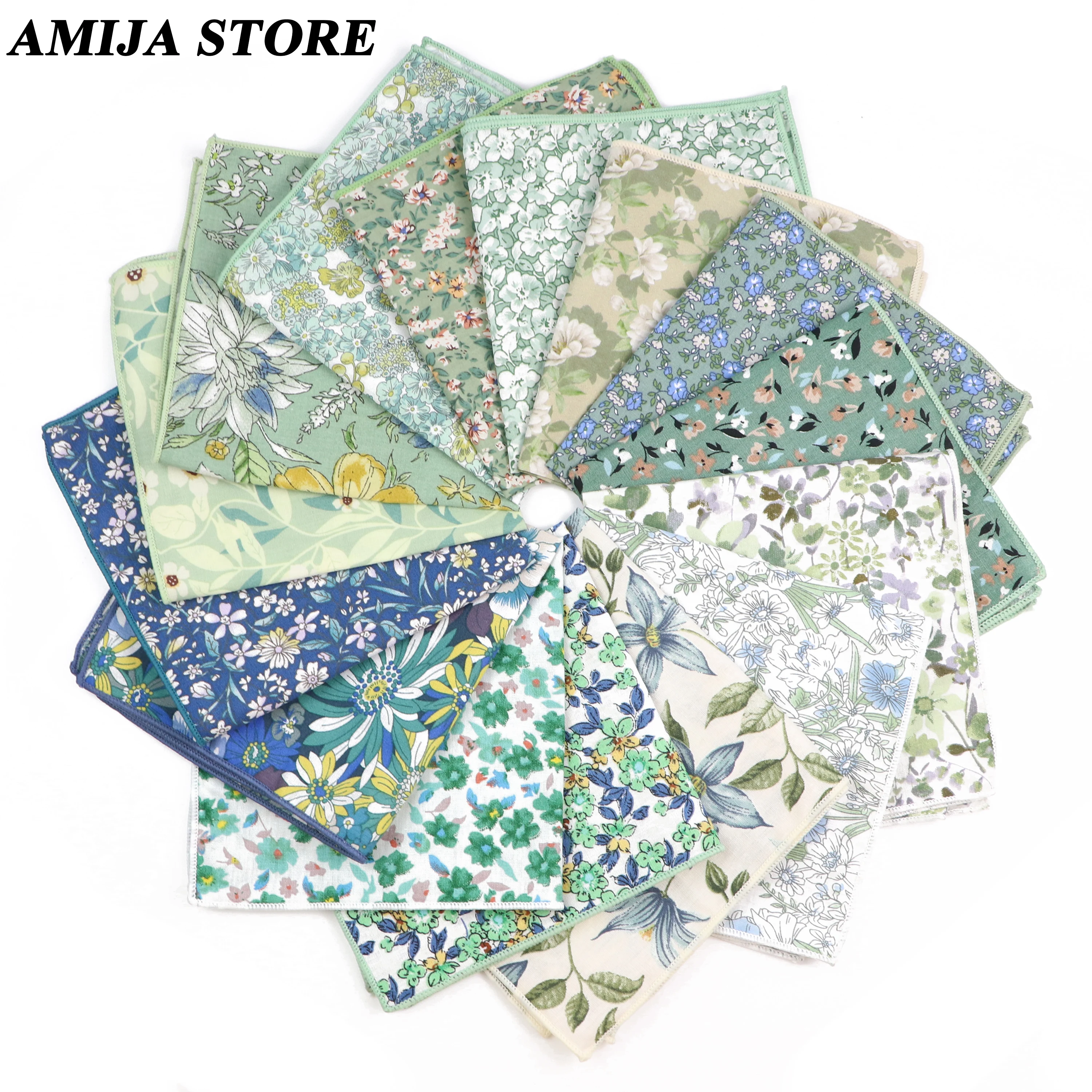 Fashionable Men's Floral Flower Cotton Handkerchief 25cm Green Blue Printed Scarf Shirt Daily Suit Accessories Wedding Gi